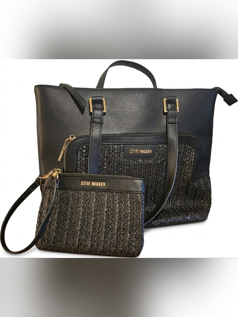 2pc Steve Madden Black Faux Leather & Woven Basketweave Tote Bag & Wristlet Set